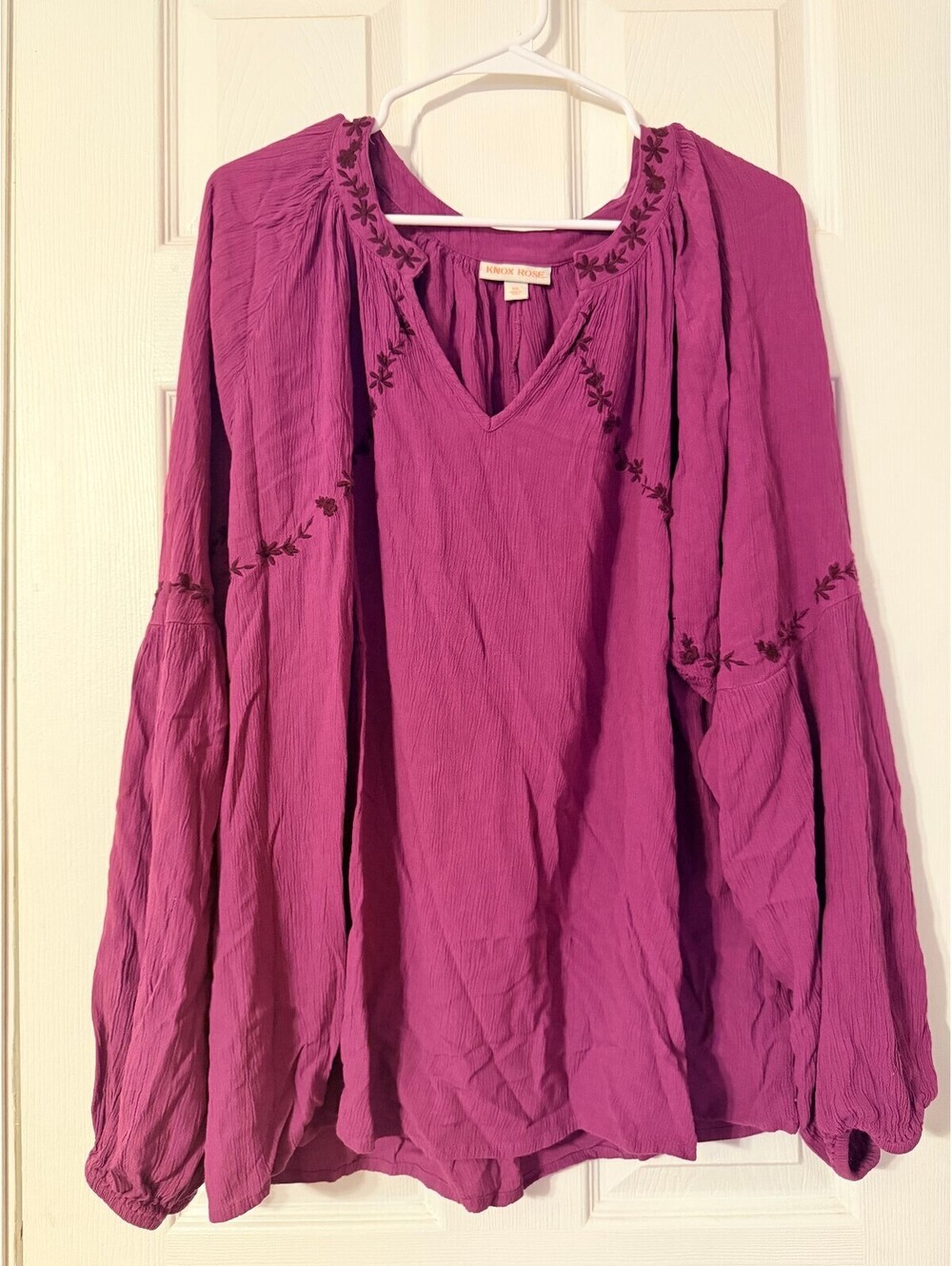 Knox Rose Embroidered Peasant Blouse XXL Magenta Purple Boho Balloon Sleeve Top